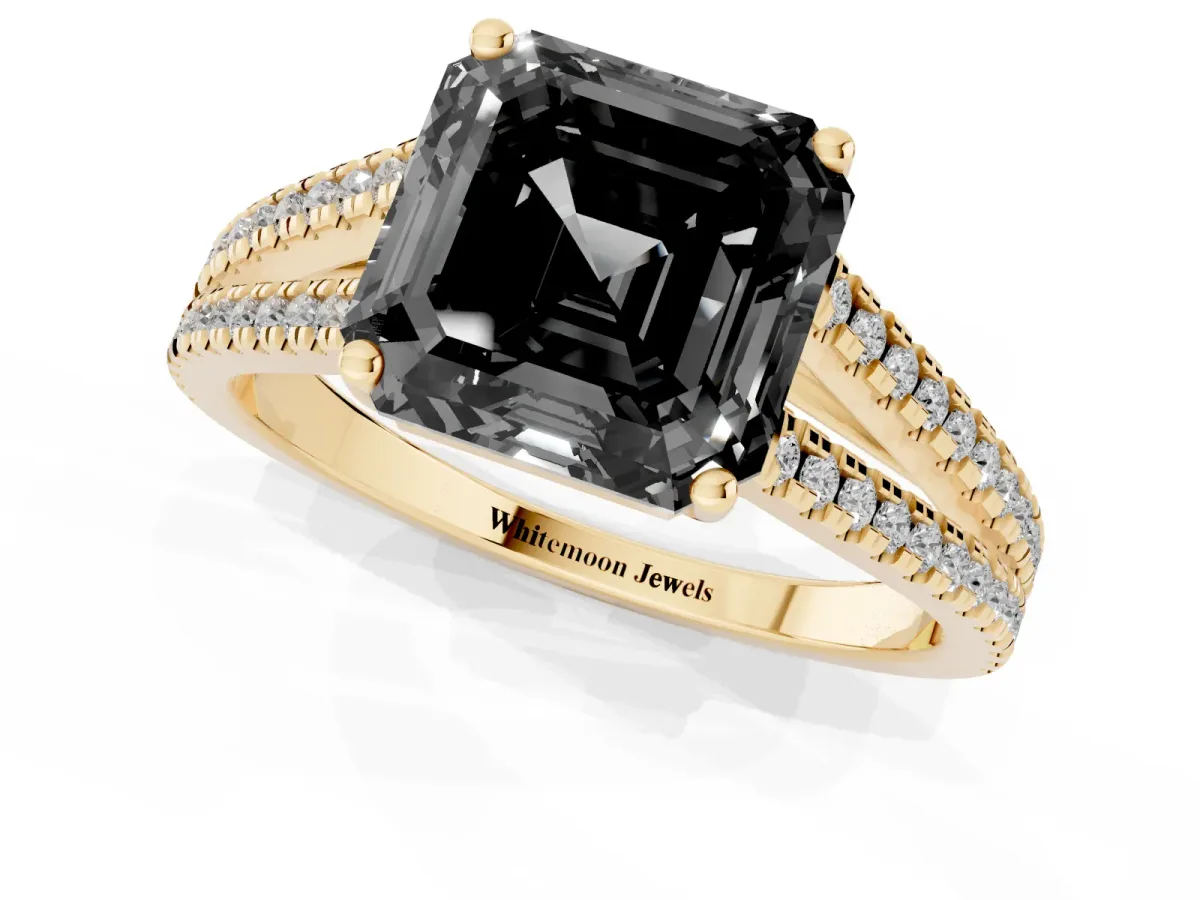 Fancy Black Asscher Cut Diamond Solitaire Engagement Ring with Split Shank Pavé Band Yellow gold