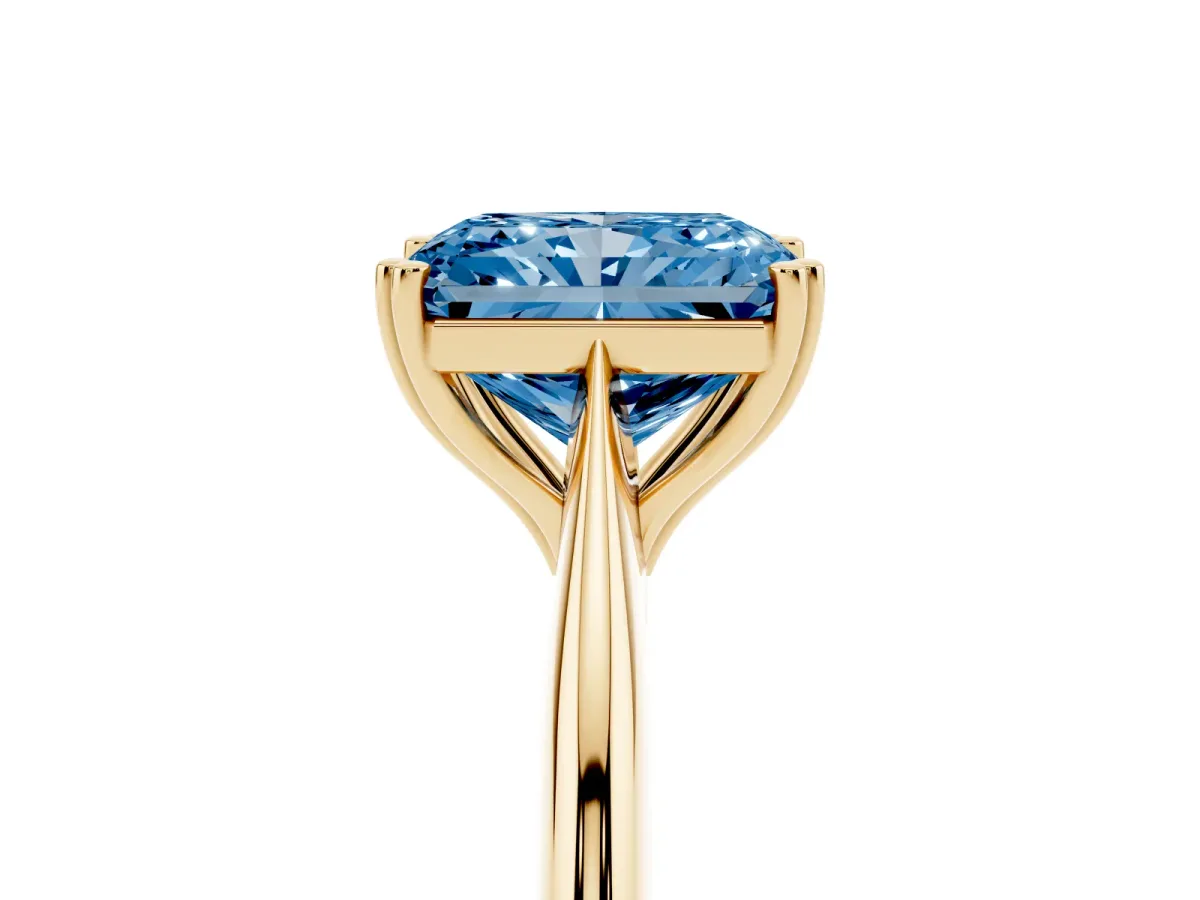 Fancy Blue Radiant Cut Solitaire Diamond Ring with Six-Prong Setting and Classic Band Yellow gold