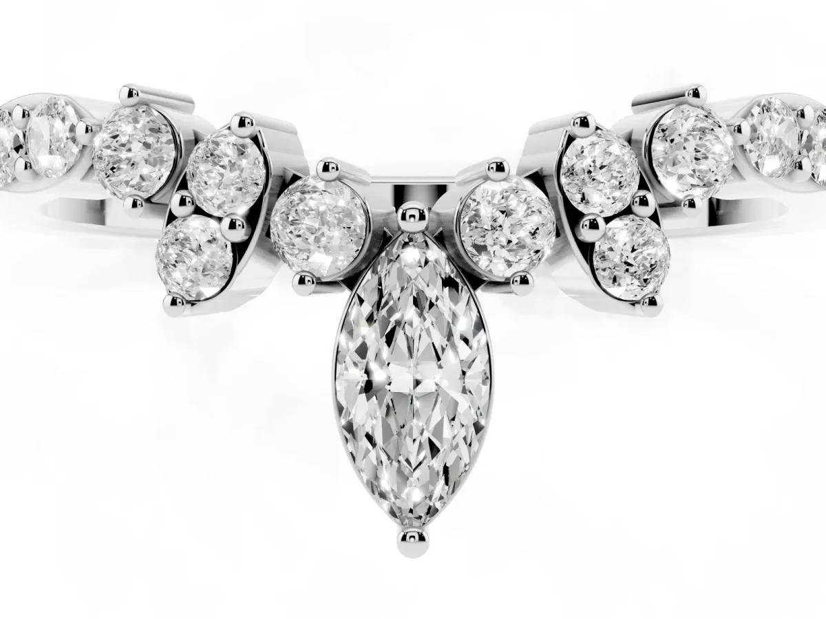 Marquise and Round Diamond Chevron Band with Prong Setting Platinum