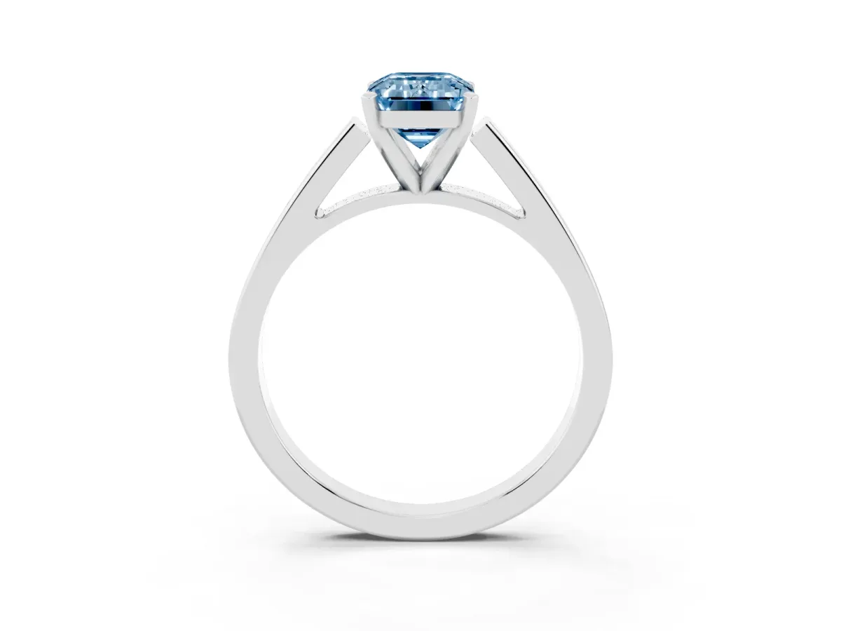 Fancy Blue Emerald Cut Solitaire Engagement Ring with Four-Prong Setting and Tapered Band Silver