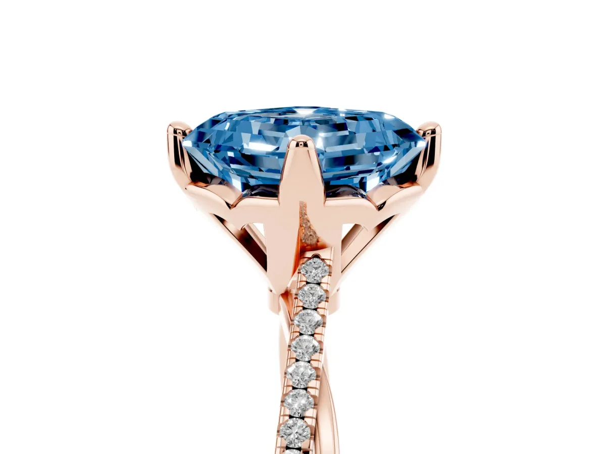 Fancy Blue Asscher Cut Solitaire Twist Band with Pavé Diamonds and Four-Prong Setting Rose gold