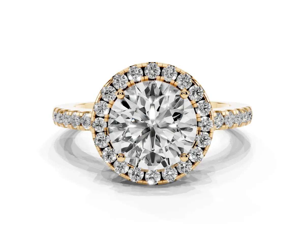 Round Cut Halo Diamond Engagement Ring with Pavé Band and Four-Prong Setting Yellow gold