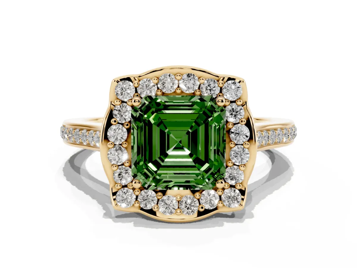 Fancy Green Asscher Cut Halo Round Diamond Pave Band with Four-Prong Setting Yellow gold