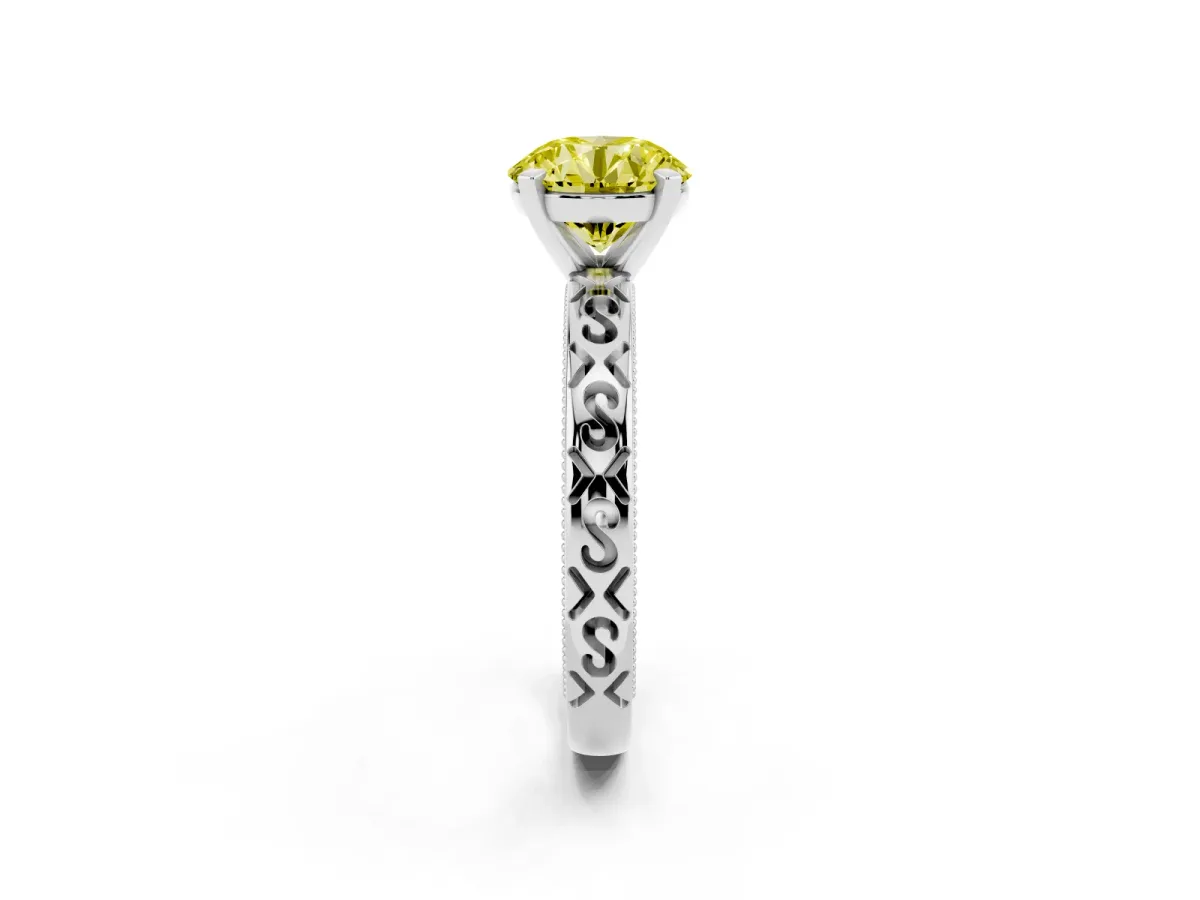 Fancy Yellow Round Cut Solitaire Engagement Ring with Scrollwork Band and Four-Prong Setting Silver