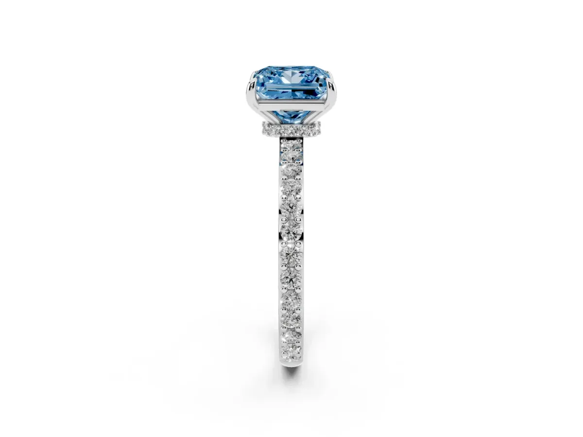 Fancy Blue Princess Cut Diamond Solitaire Engagement Ring with Pavé Band and Four-Prong Setting Silver