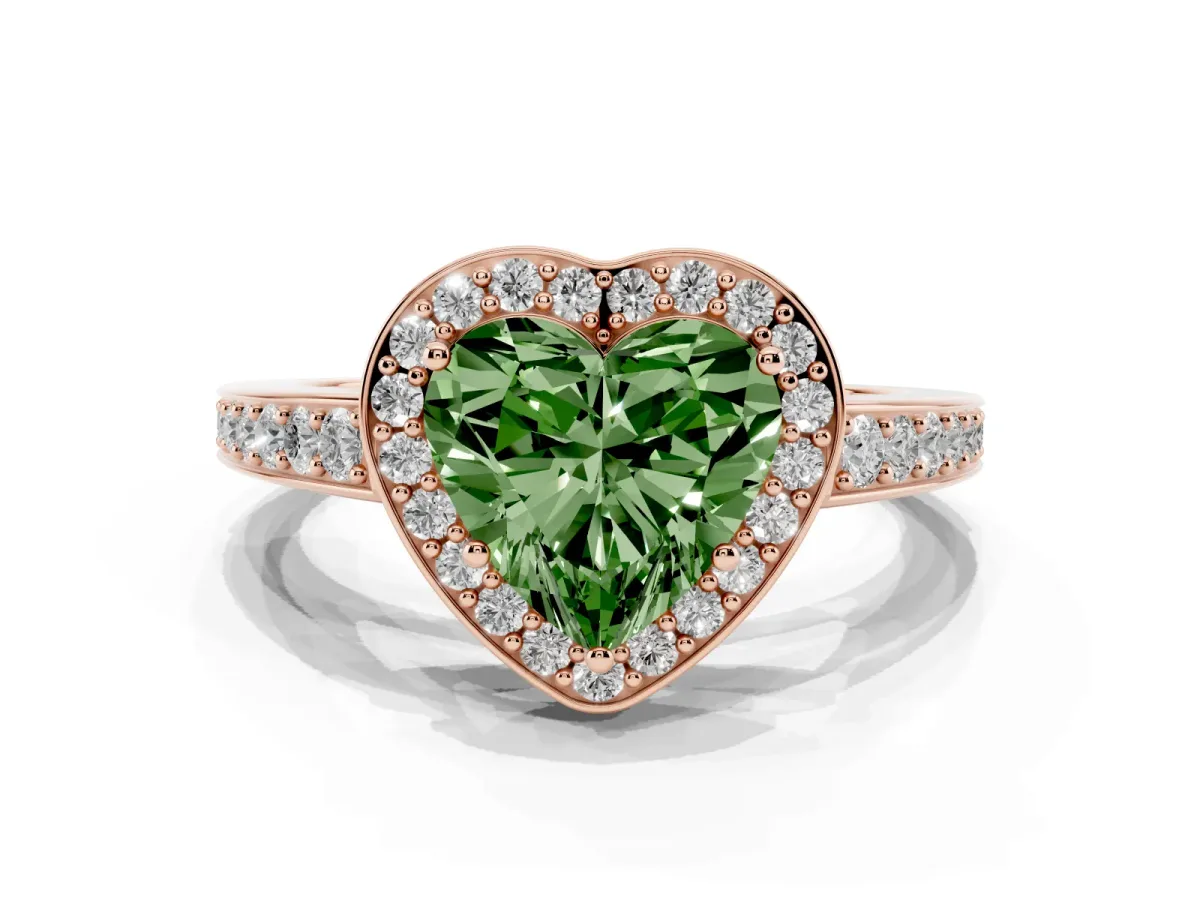 Fancy Green Heart Cut Halo Pavé Diamond Engagement Ring with Bezel Setting Rose gold