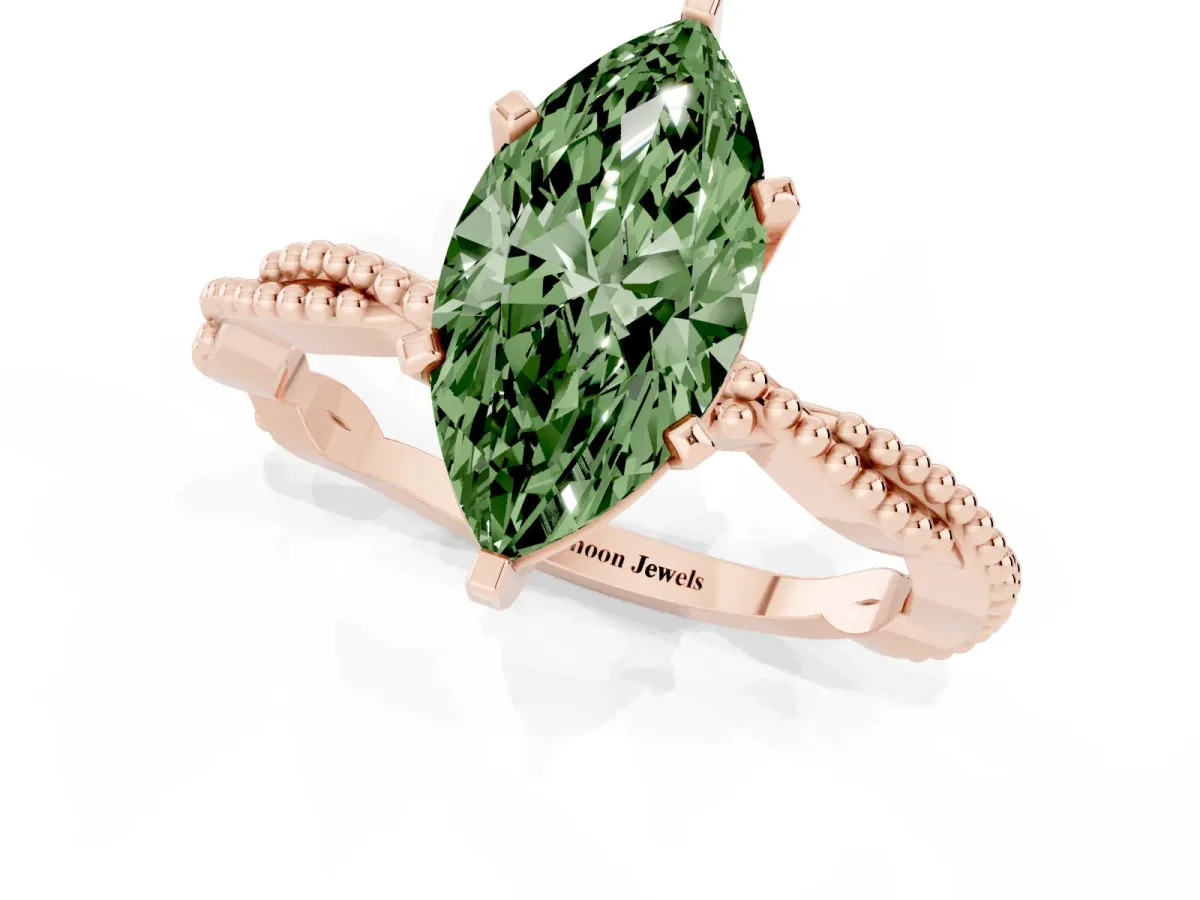 Fancy Green Marquise Cut Solitaire Twisted Band with Bead Prong Setting Rose gold