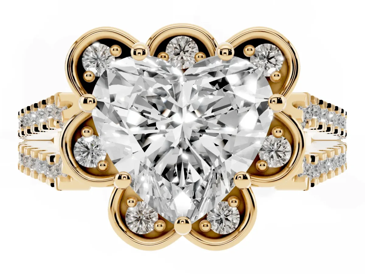 Heart Cut Halo Diamond Floral Split Shank Engagement Ring Yellow gold