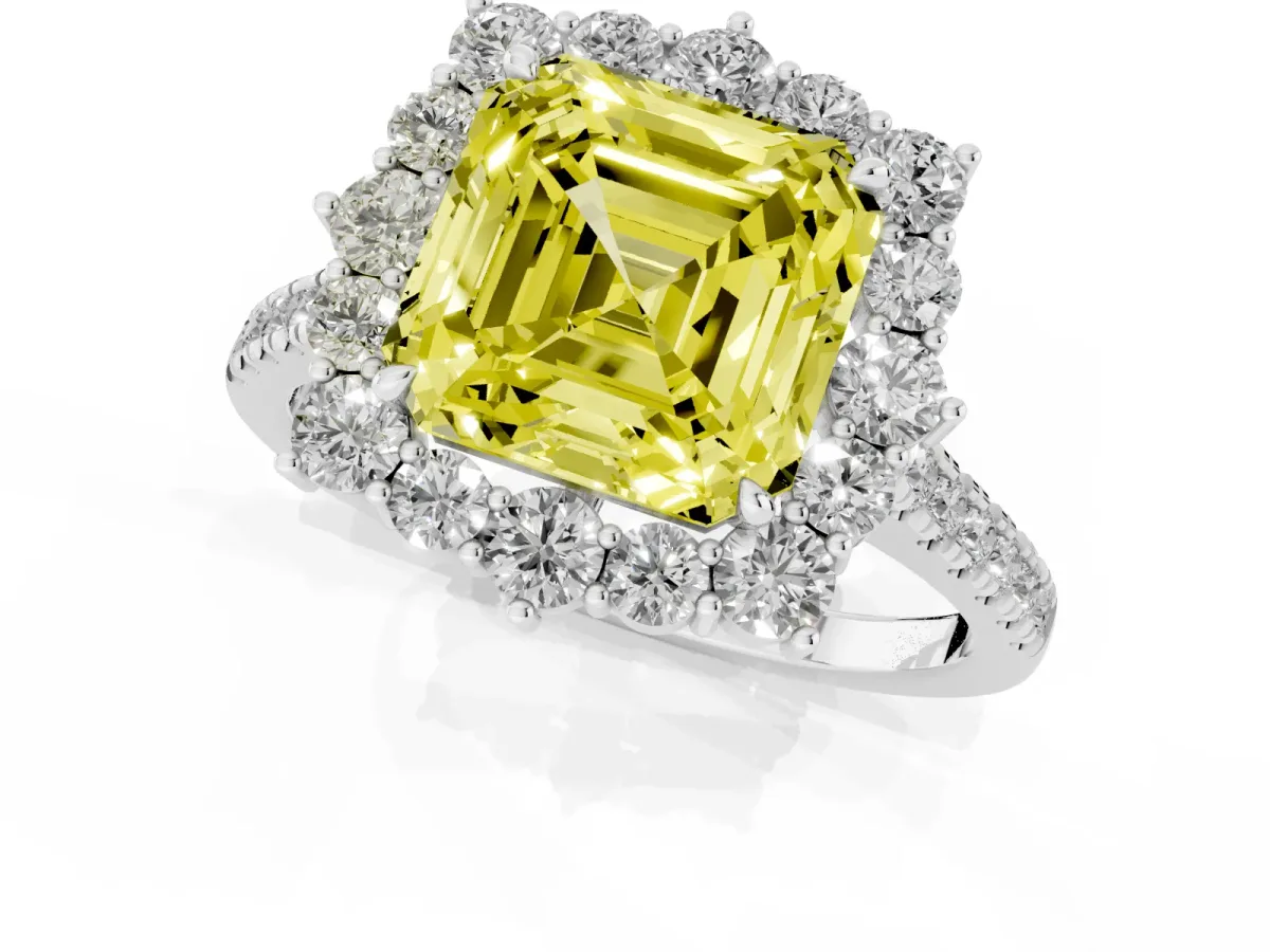 Fancy Yellow Asscher Cut Halo Diamond Ring with Pavé Band and Prong Setting Silver
