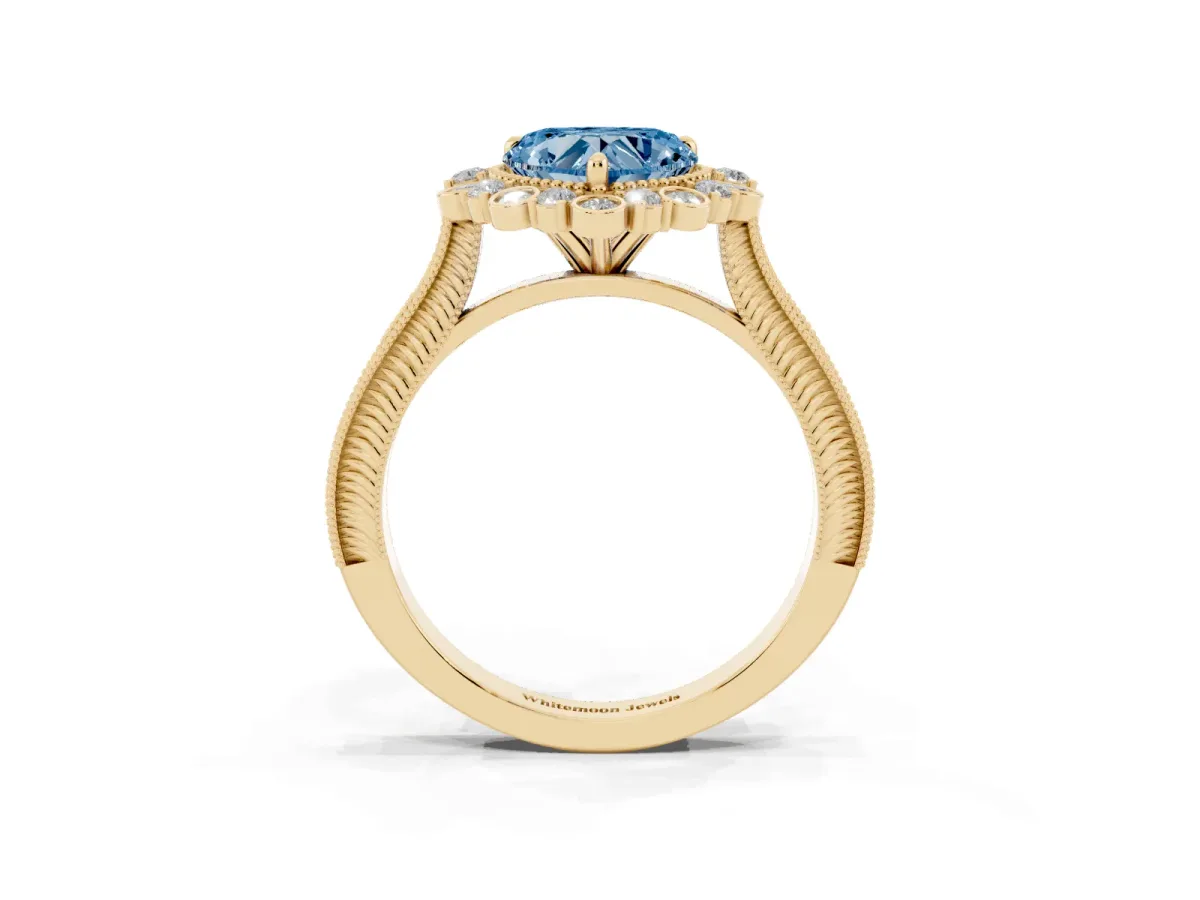 Fancy Blue Heart Cut Halo Milgrain Pave Diamond Ring with Four-Prong Setting Yellow gold