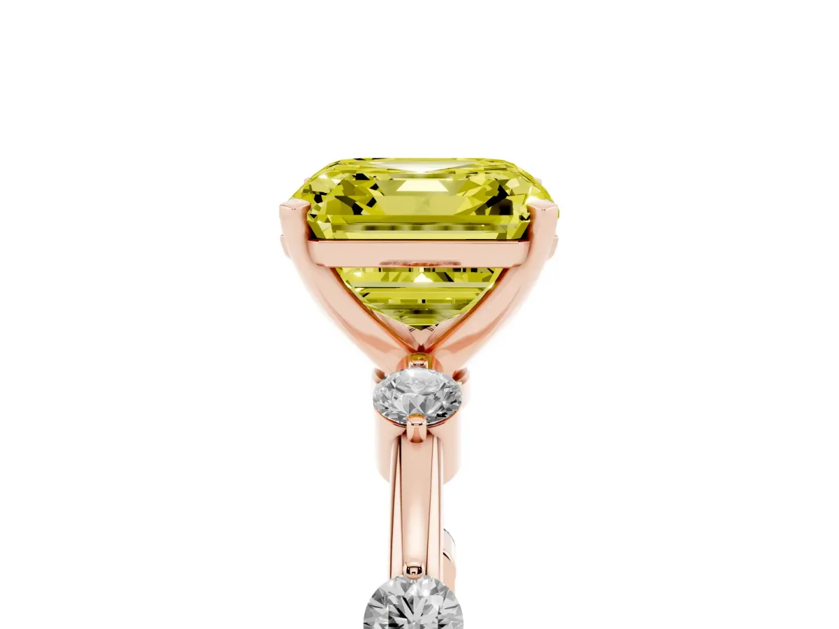 Fancy Yellow Asscher Cut Solitaire Diamond Ring with Bezel Set Side Stones and Prong Setting Rose gold