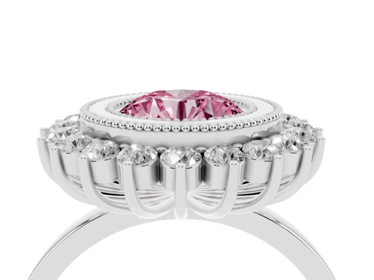 Fancy Pink Round Cut Halo Diamond Ring with Milgrain Edge and Round Prong Setting Silver