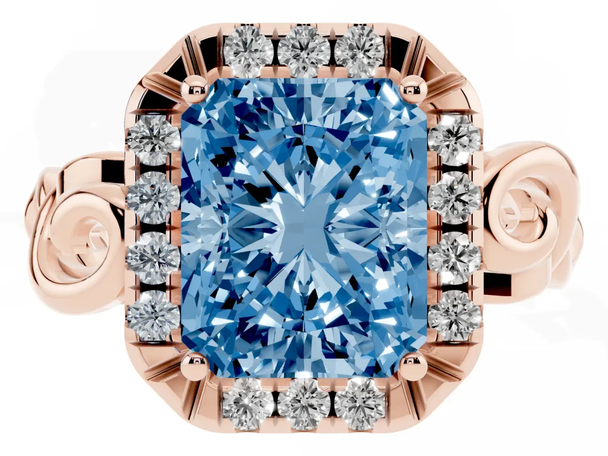 Fancy Blue Radiant Cut Cut Halo Diamond Ring with Scrollwork Band and Four-Prong Setting Rose gold