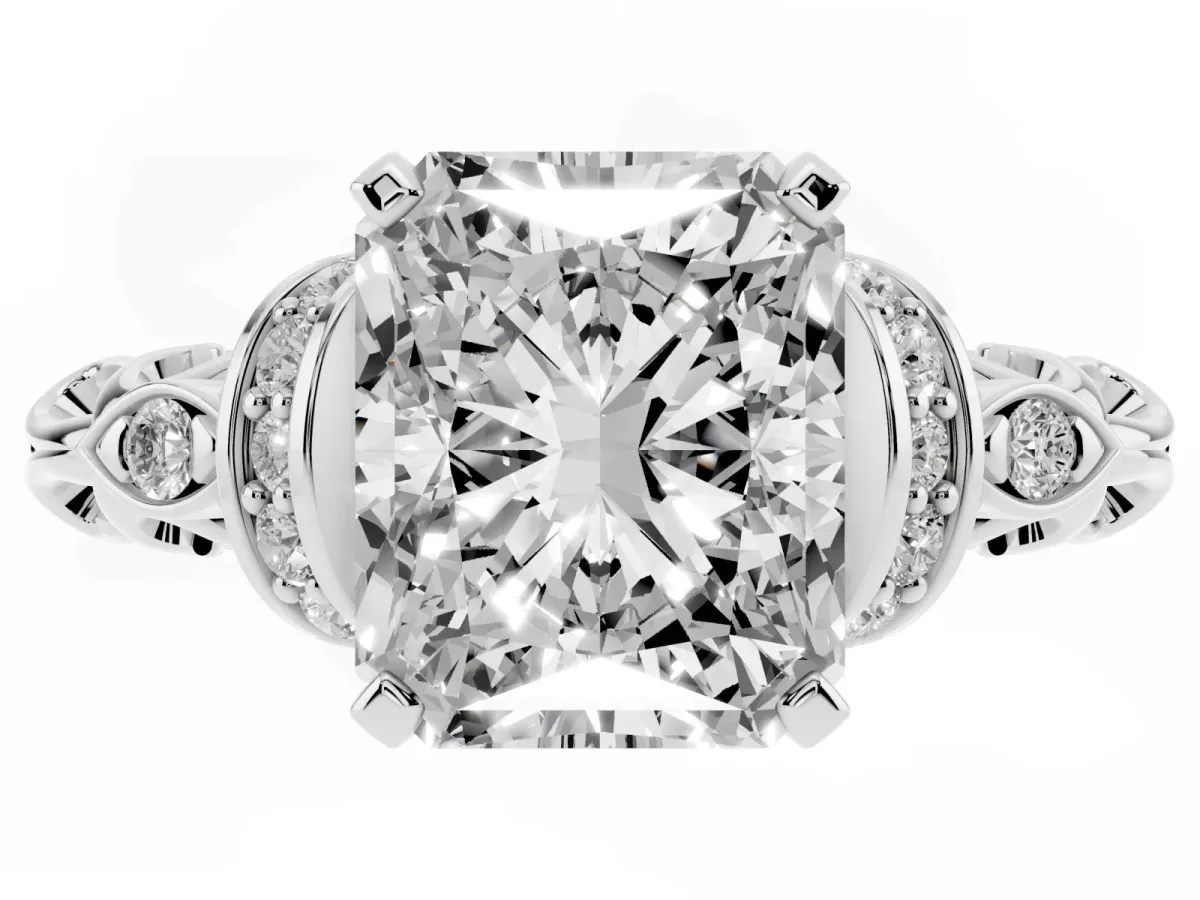 Radiant Cut Diamond Solitaire Ring with Filigree Band and Four-Prong Setting Silver