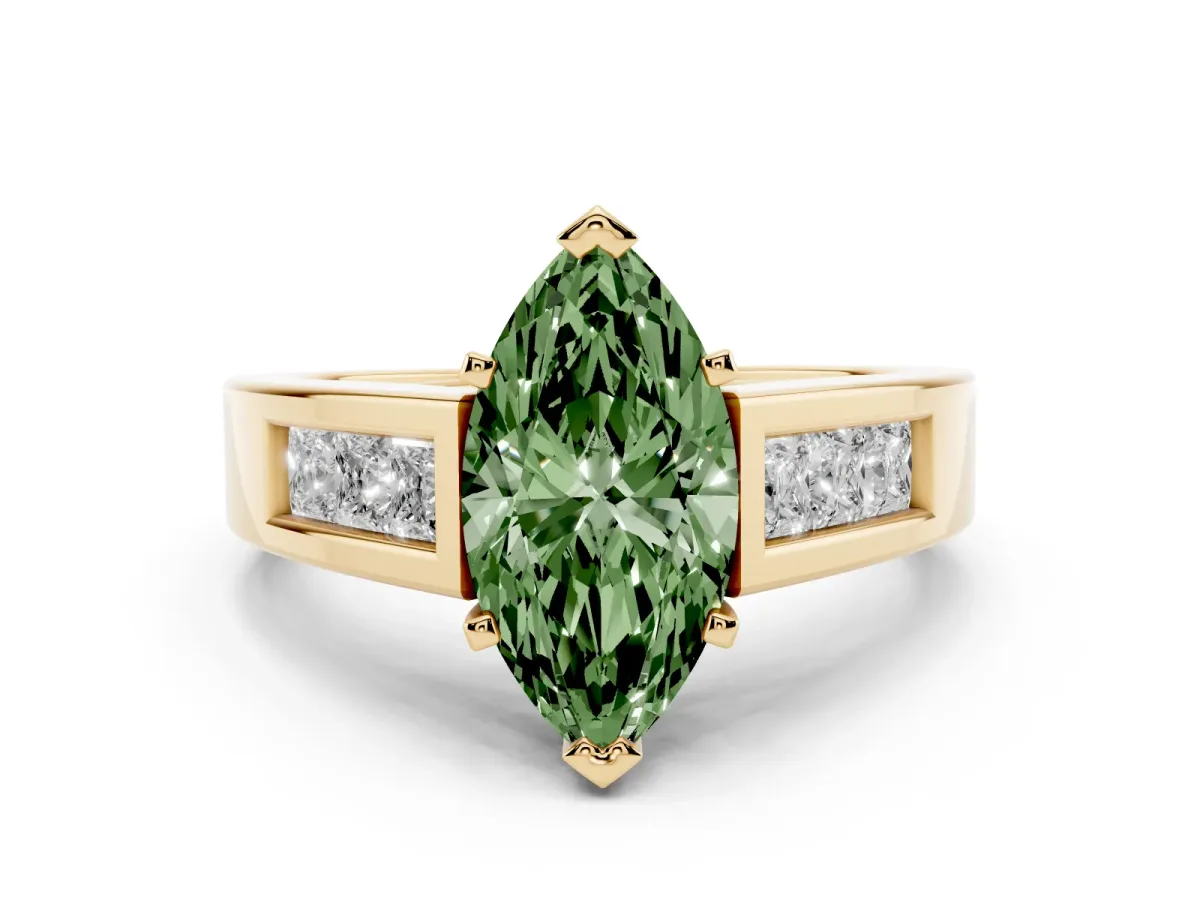 Fancy Green Marquise Cut Cut Channel Set Solitaire Ring with Four-Prong Setting Yellow gold