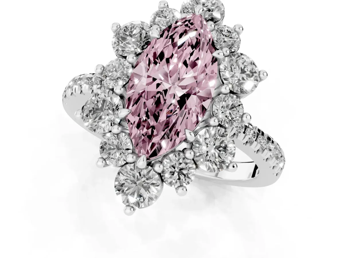 Fancy Pink Marquise Cut Diamond Floral Halo Ring with Round Pavé Band and Prong Setting White gold