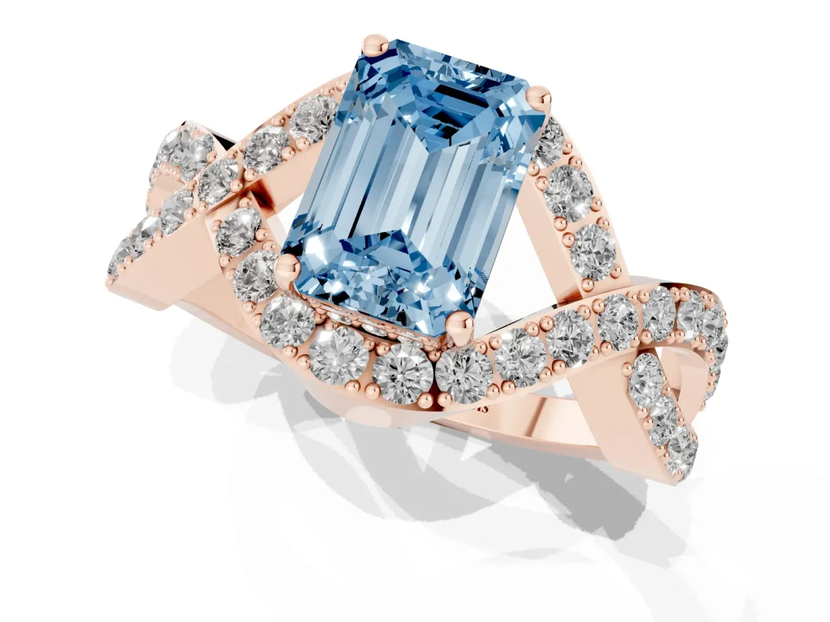 Fancy Blue Emerald Cut Solitaire Twist Band Pavé Diamond Engagement Ring Rose gold