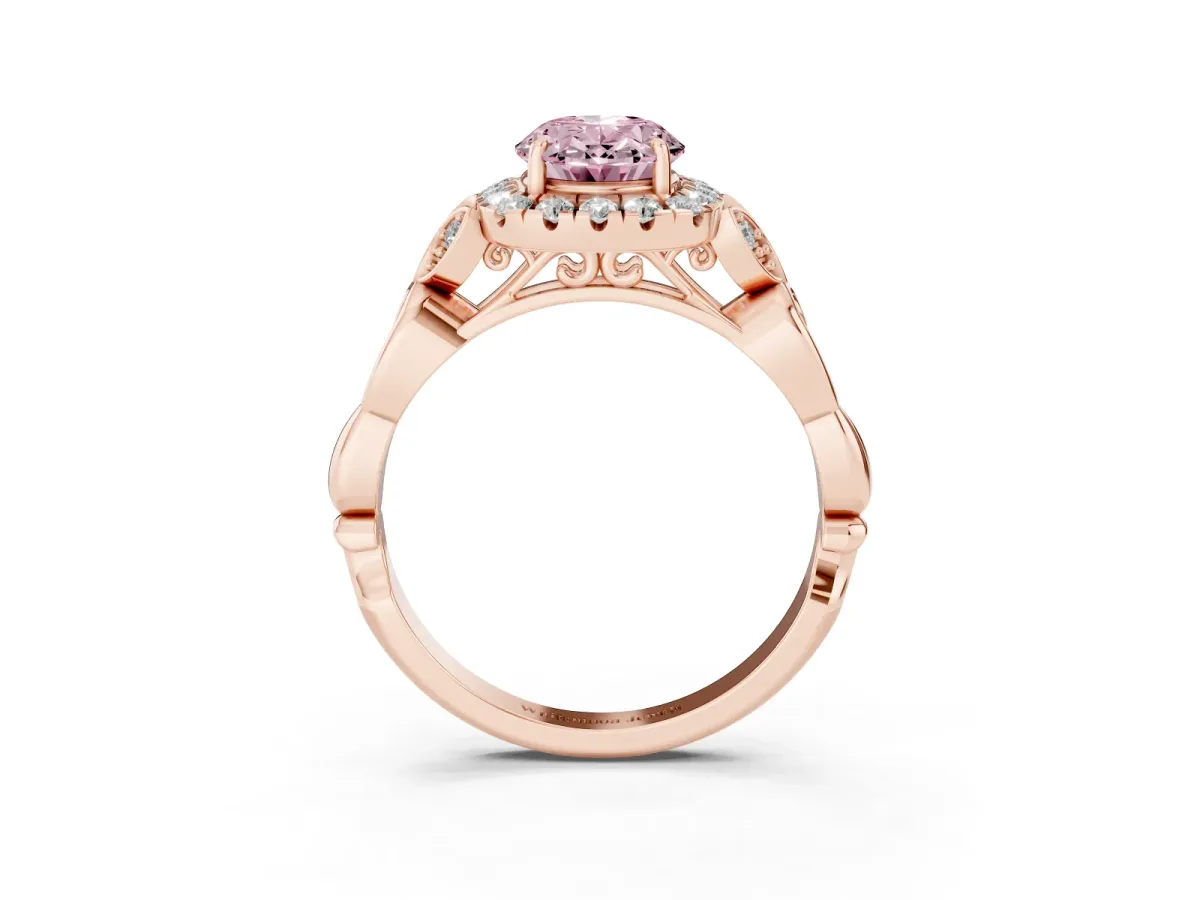Fancy Pink Oval Cut Halo Diamond Engagement Ring with Vintage-Inspired Band and Four-Prong Setting Rose gold