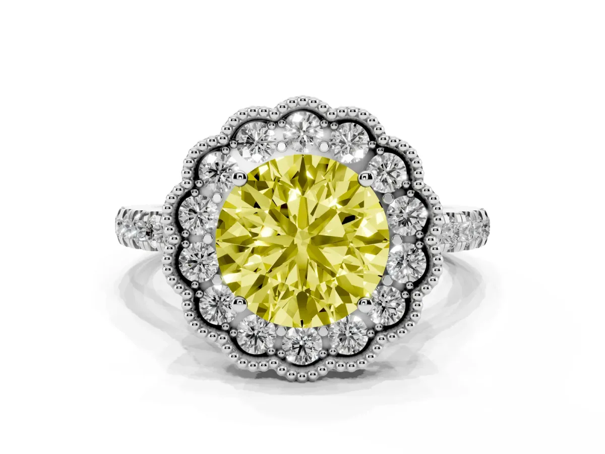 Fancy Yellow Round Cut Cut Diamond Milgrain Floral Halo Engagement Ring with Pavé Band Platinum