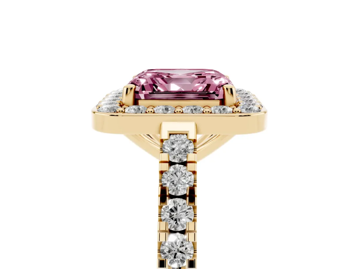 Fancy Pink Asscher Cut Diamond Halo Ring with Round Pavé Split Shank and Prong Setting Yellow gold