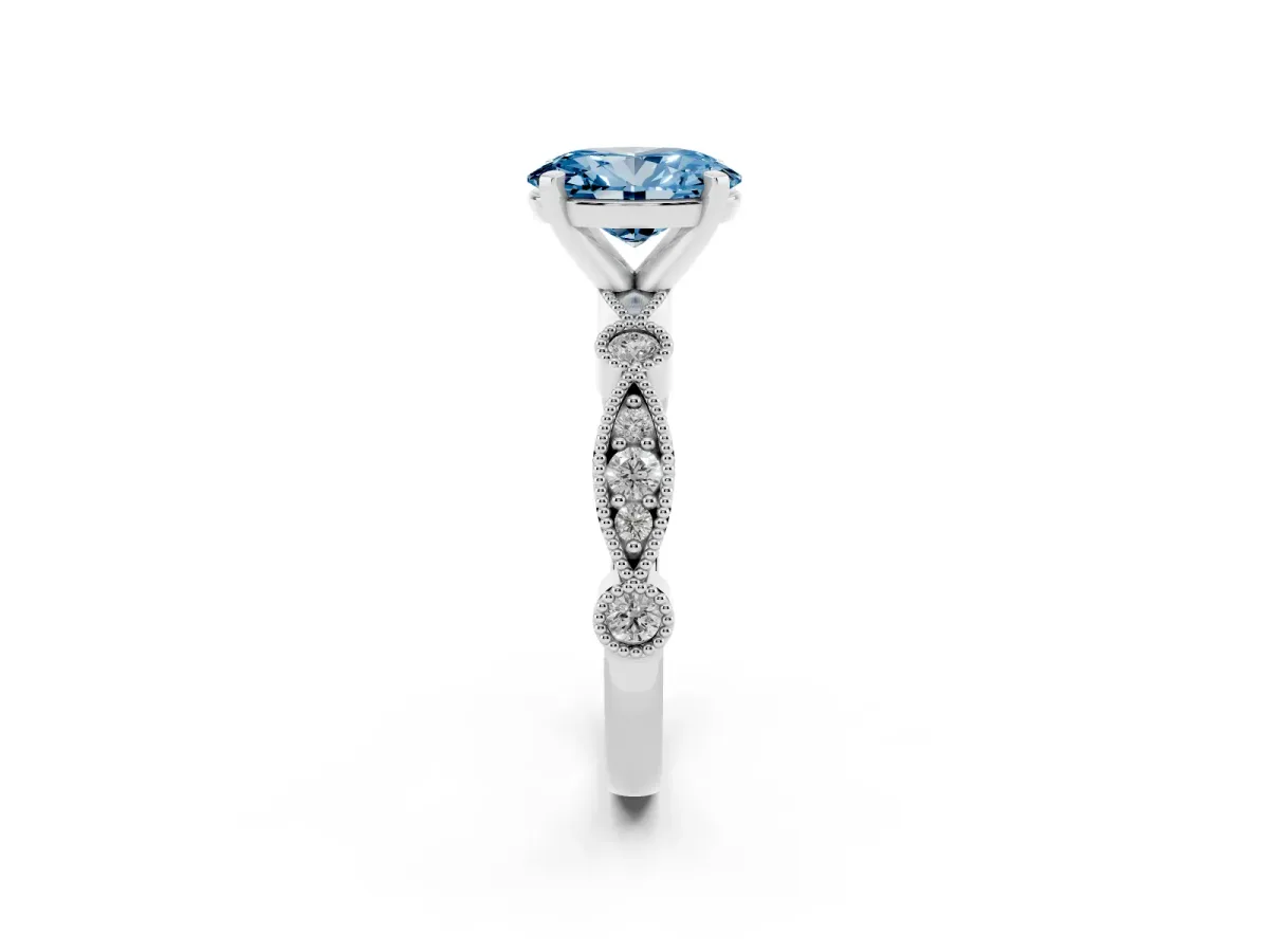 Fancy Blue Oval Cut Milgrain Bezel Diamond Engagement Ring with Solitaire Prong Setting Silver