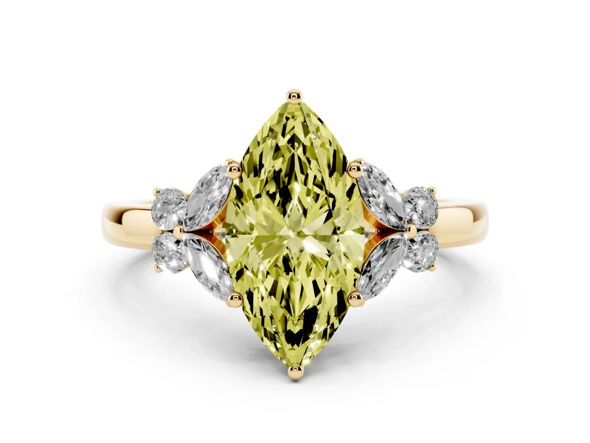 Fancy Yellow Marquise Cut Cut Solitaire Floral Diamond Ring with Four-Prong Setting Yellow gold
