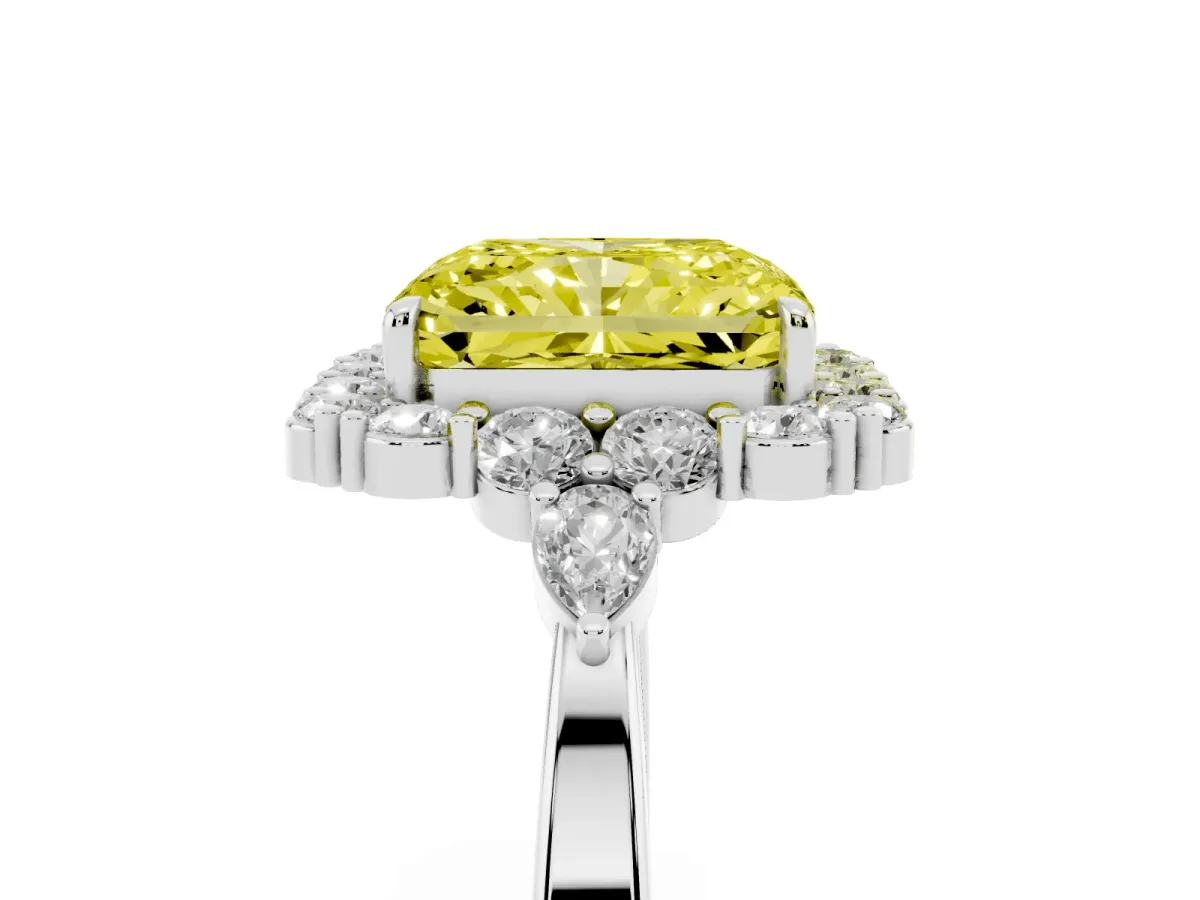 Fancy Yellow Radiant Cut Diamond Halo Ring with Pear Side Stones and Prong Setting Silver
