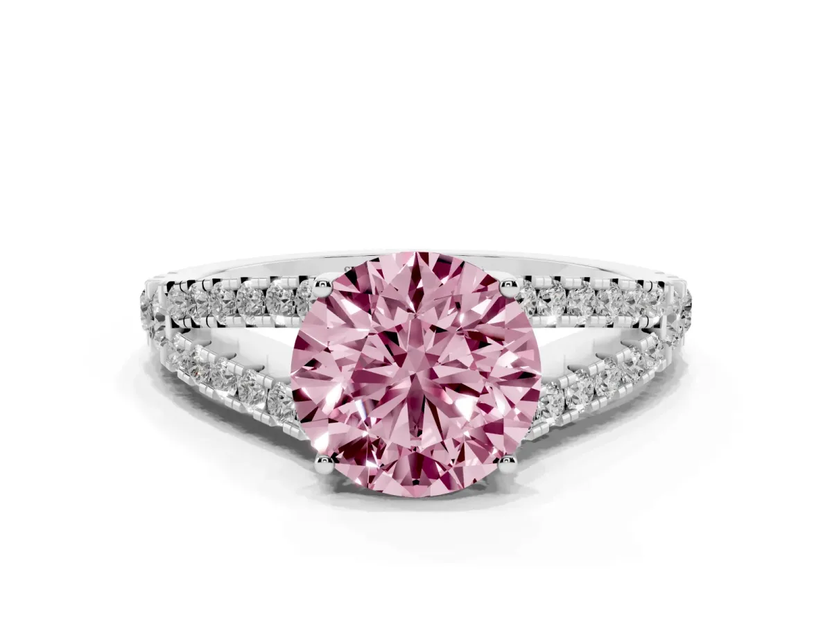 Fancy Pink Round Cut Diamond Split Shank Pavé Engagement Ring with Four-Prong Setting White gold