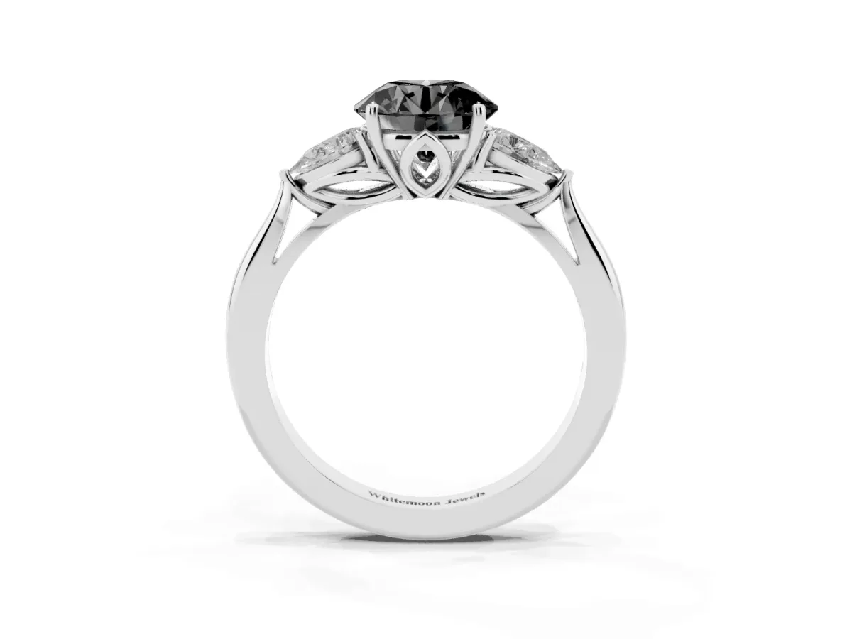 Fancy Black Round Cut Diamond Three-Stone Ring with Pear Side Stones and Prong Setting Platinum
