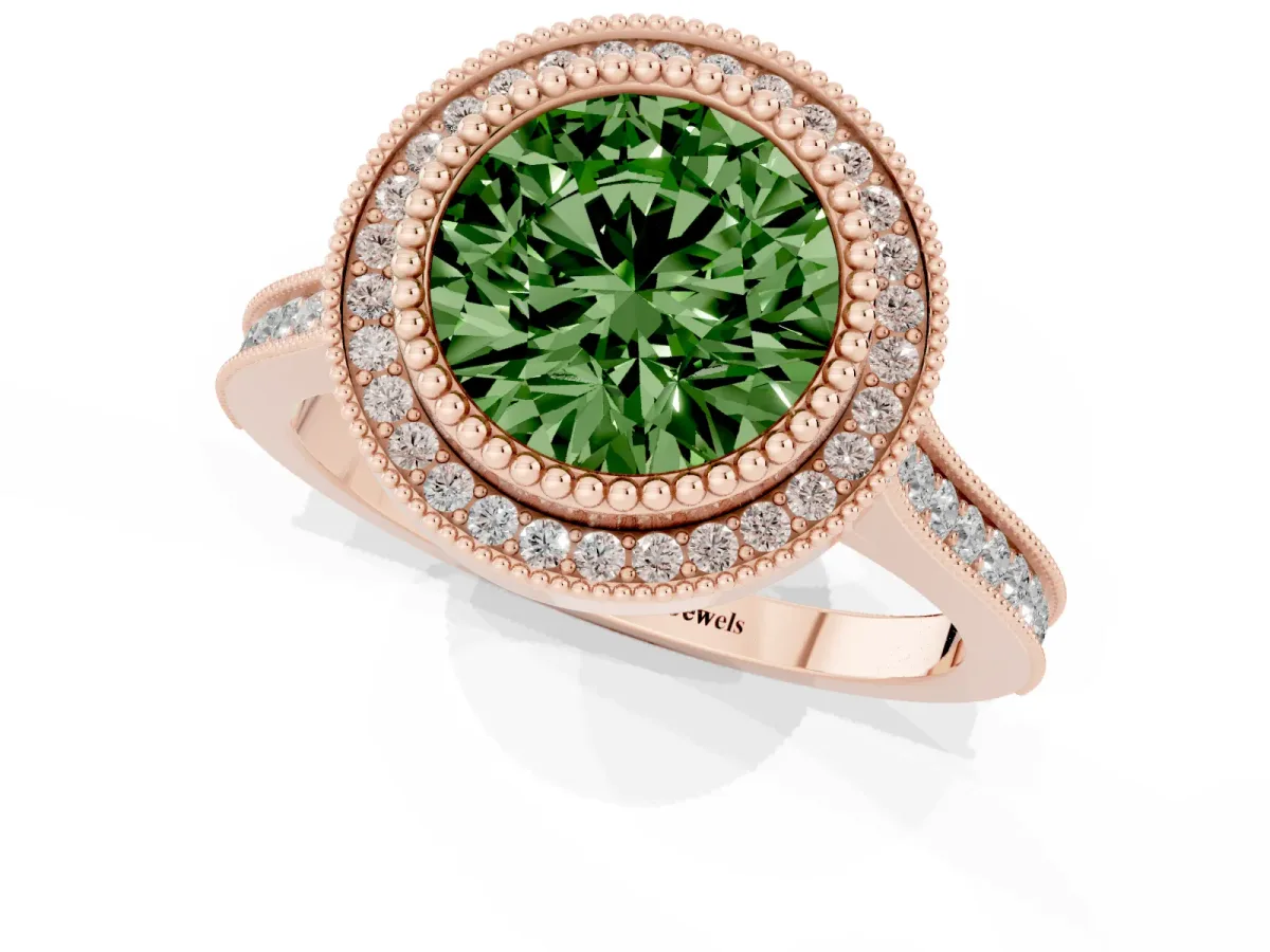 Fancy Green Round Cut Diamond Halo Ring with Milgrain Frame and Pavé Band Rose gold