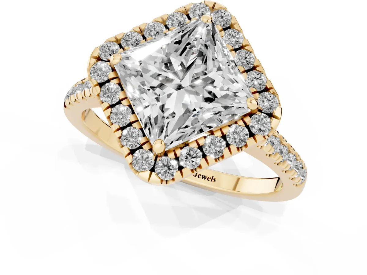 Princess Cut Diamond Cushion Halo Ring with Pavé Band Yellow gold