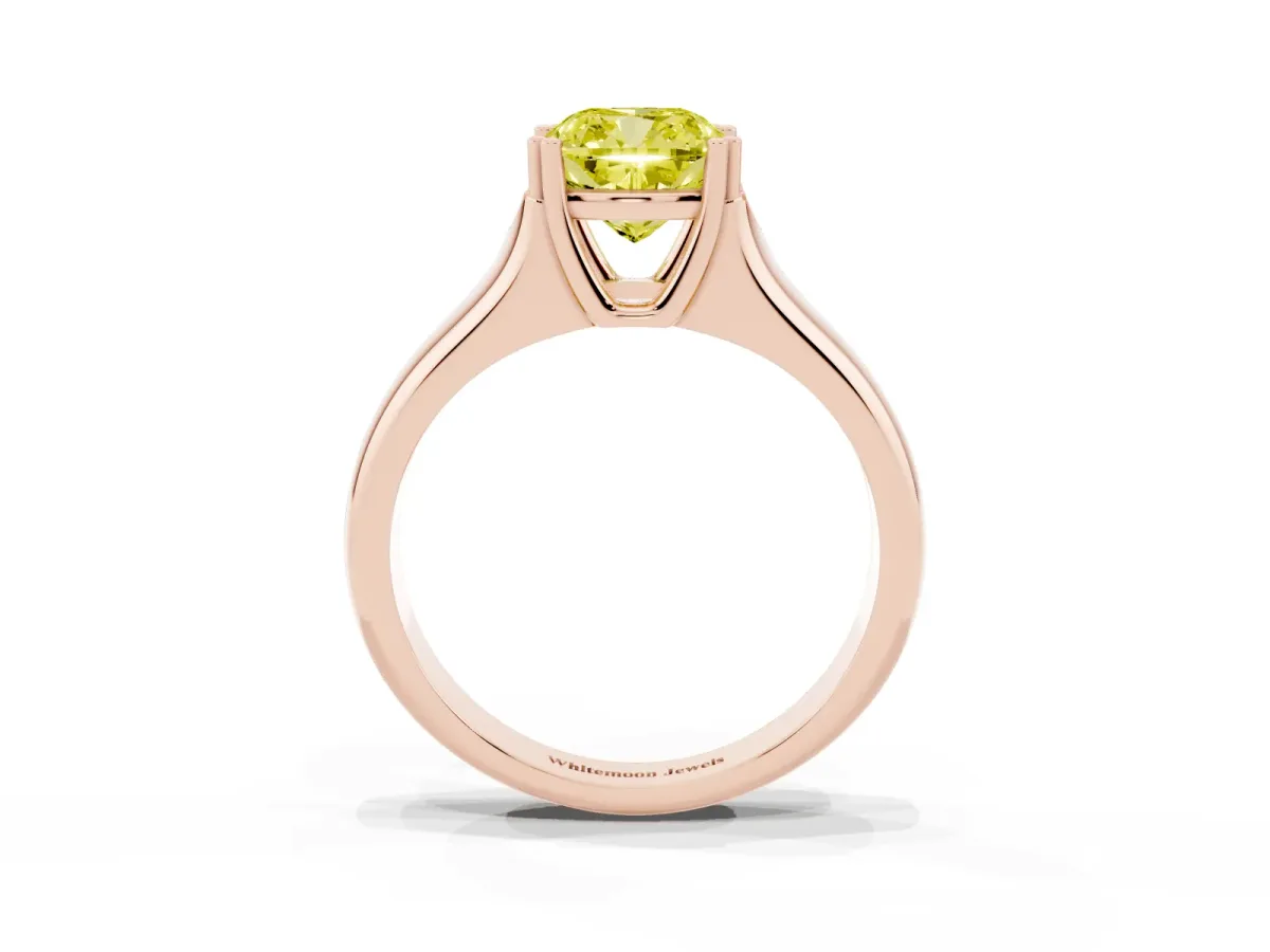 Fancy Yellow Cushion Cut Diamond Solitaire Ring with Wide Band and Prong Setting Rose gold