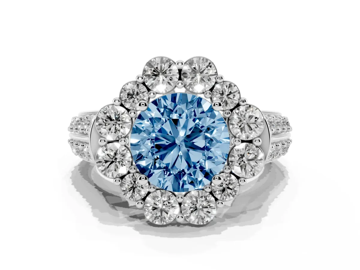 Fancy Blue Round Cut Halo Diamond Engagement Ring with Split Shank and Prong Setting Silver