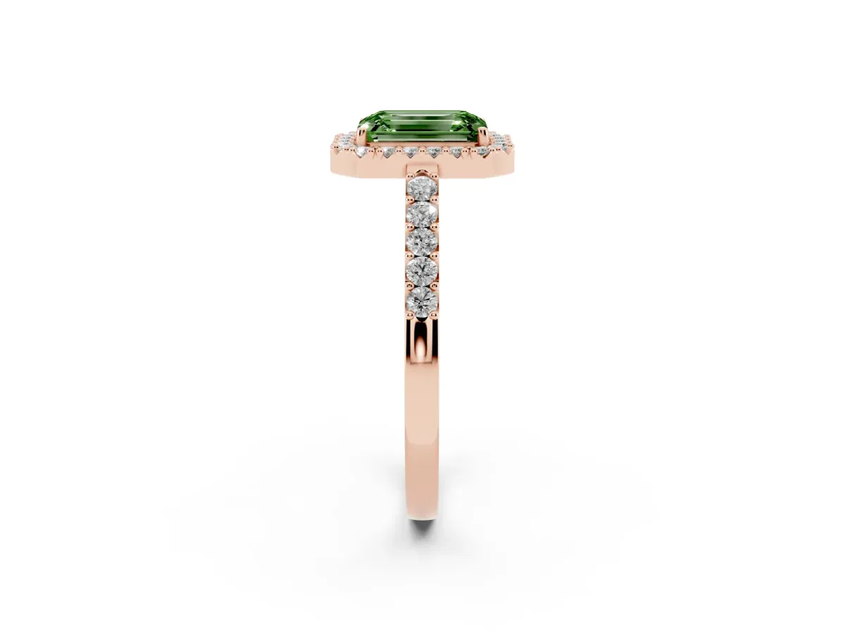 Fancy Green Emerald Cut Halo Diamond Pavé Solitaire Ring Rose gold