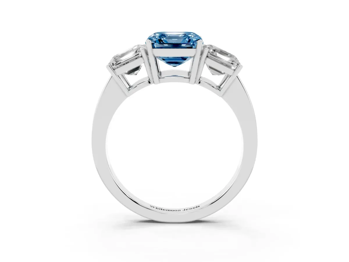 Fancy Blue Three-Stone Asscher Cut Cut Diamond Engagement Ring with Flat Band and Four-Prong Setting Silver