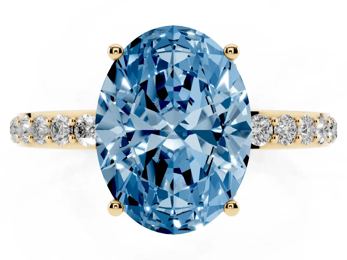 Fancy Blue Oval Cut Diamond Solitaire Ring with Pavé Band and Hidden Halo Yellow gold