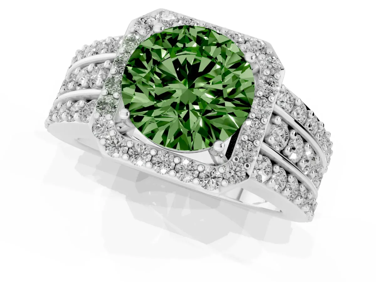 Fancy Green Round Cut Halo Diamond Ring with Round Split Shank and Prong Setting Silver