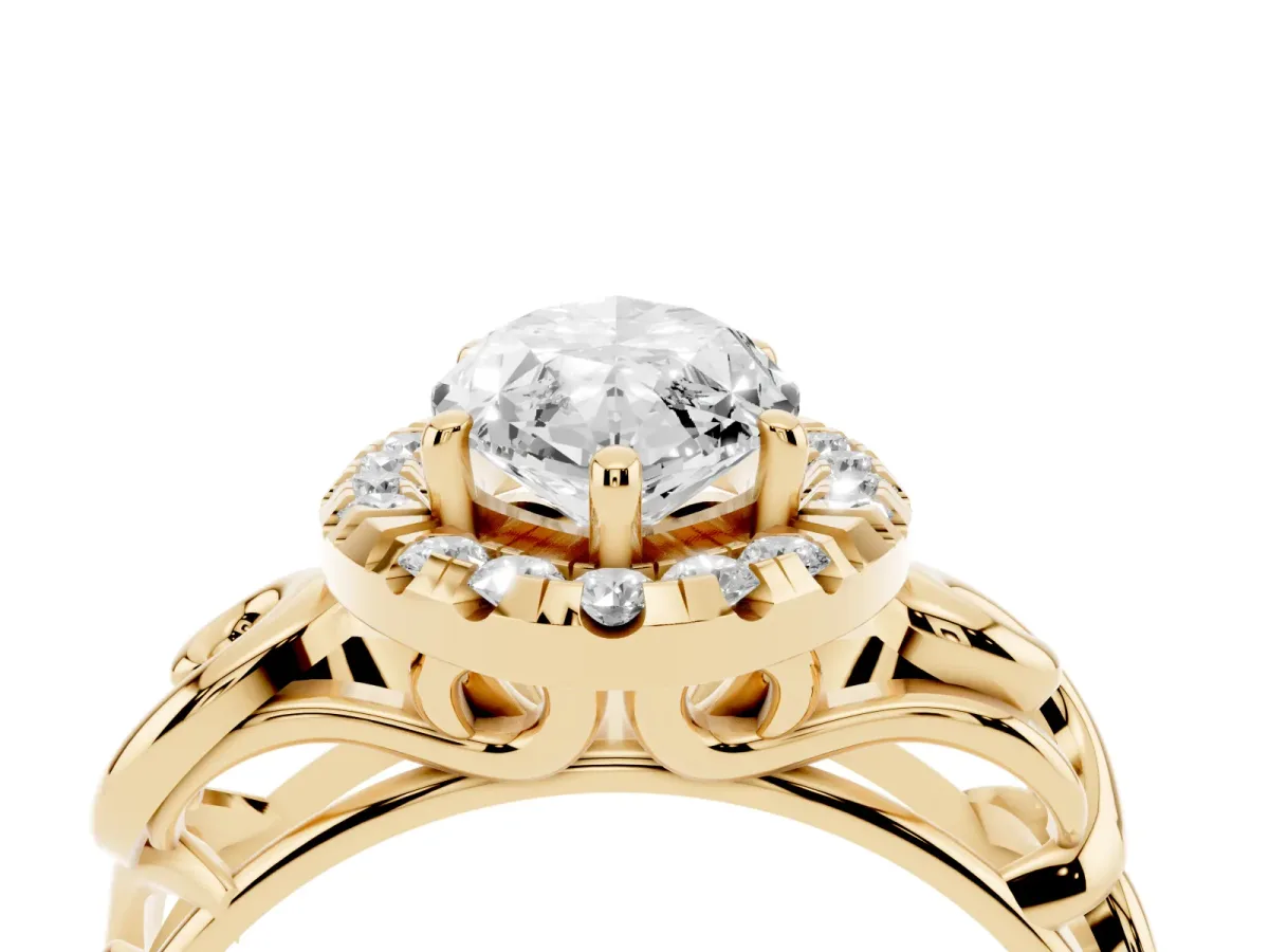 Marquise Cut Cut Halo Diamond Ring with Scrollwork Band and Four-Prong Setting Yellow gold