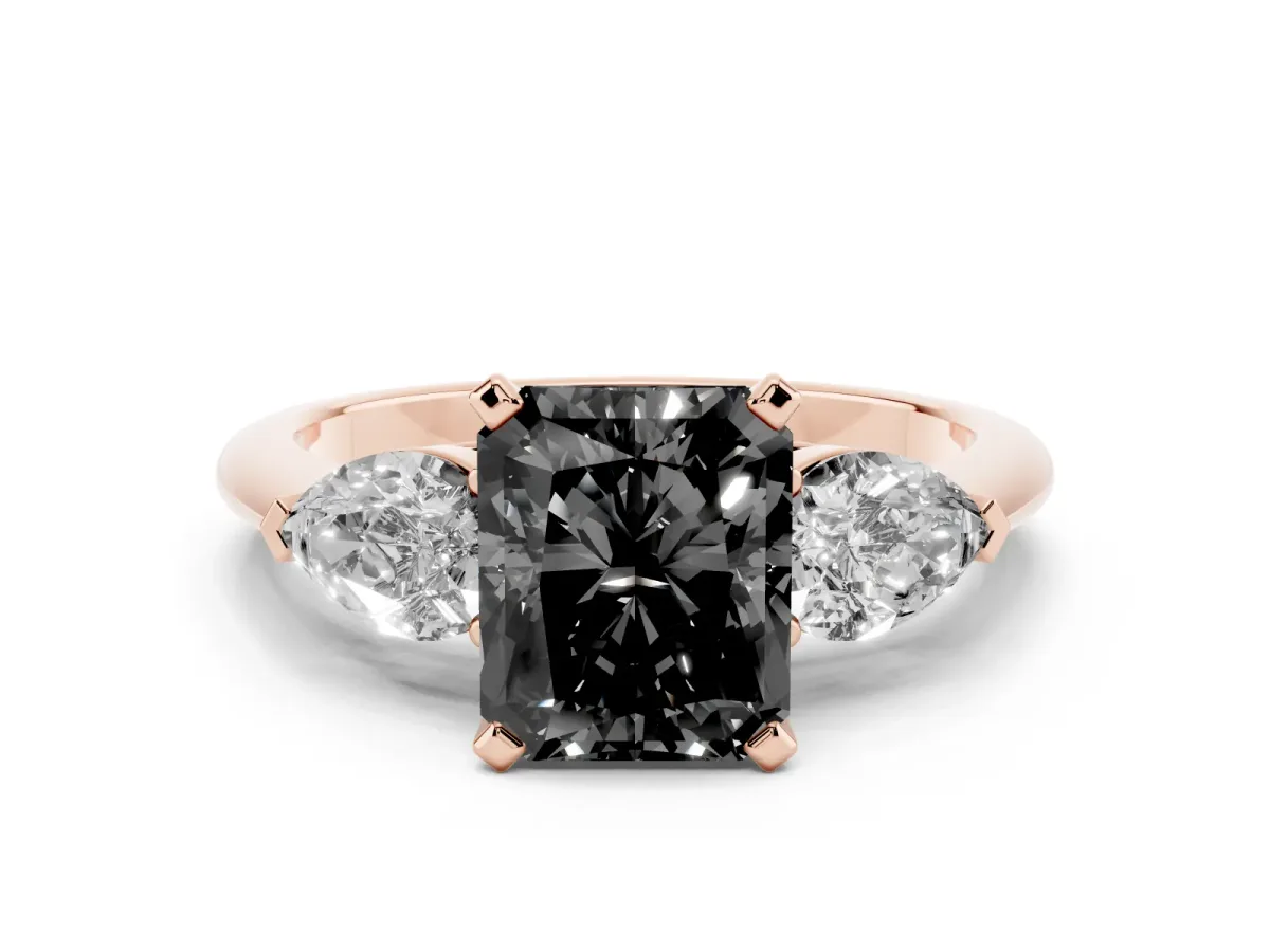 Fancy Black Three-Stone Radiant Cut Diamond Ring with Pear Side Stones and Four-Prong Setting Rose gold