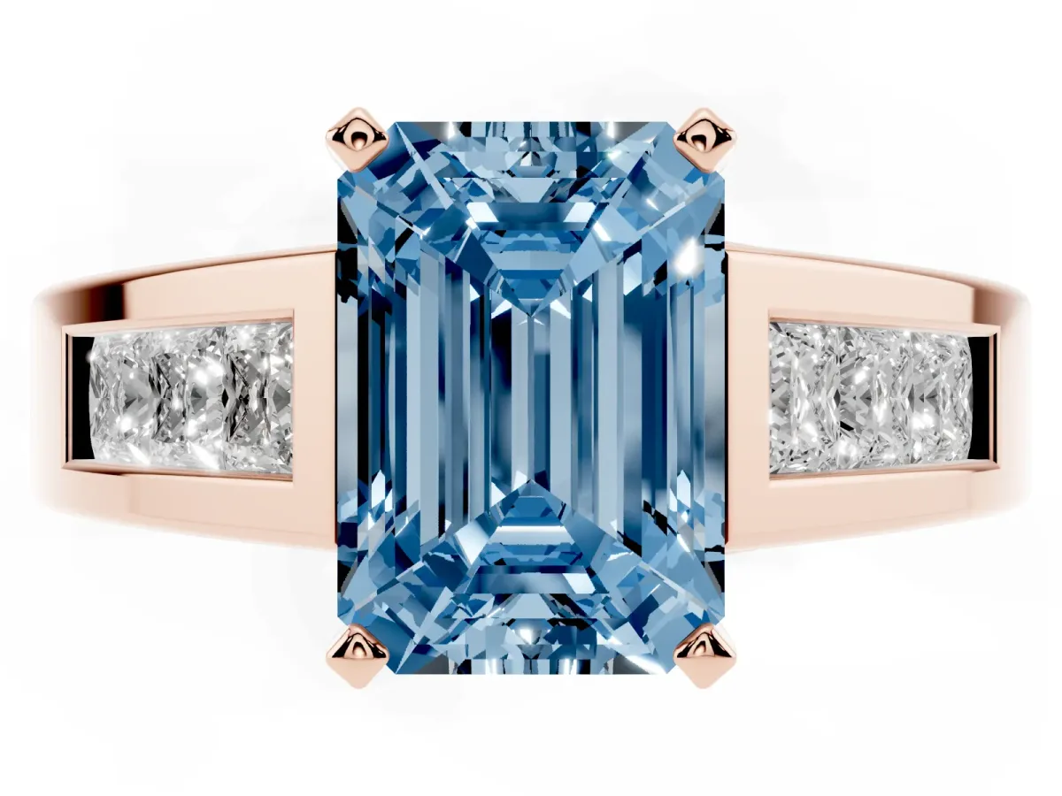Fancy Blue Emerald Cut Cut Channel Set Solitaire Ring with Four-Prong Setting Rose gold