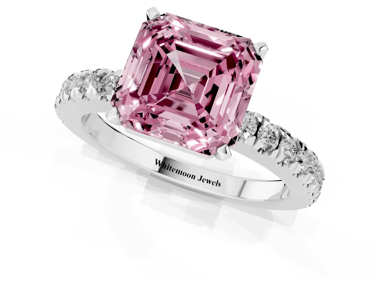 Fancy Pink Asscher Cut Solitaire Diamond with Pavé Band and Four-Prong Setting Platinum