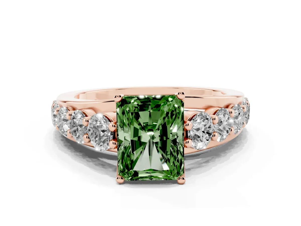 Fancy Green Radiant Cut Diamond Engagement Ring with Pavé Band and Four-Prong Setting Rose gold