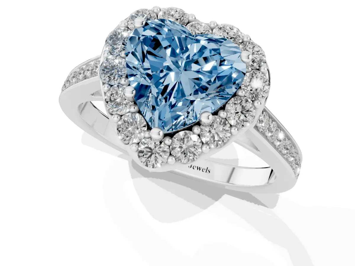 Fancy Blue Heart Cut Diamond Floral Halo Ring with Pavé Band and Prong Setting White gold