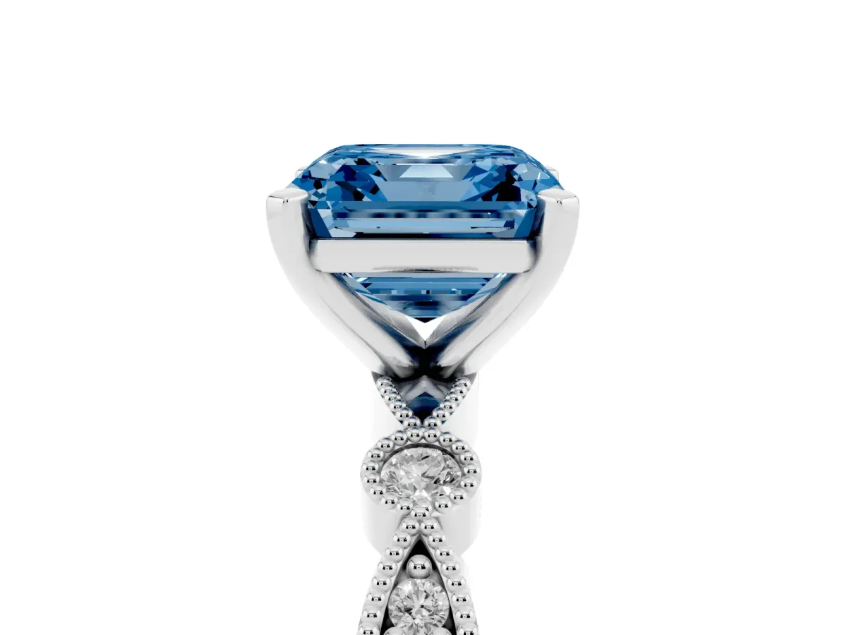 Fancy Blue Asscher Cut Milgrain Bezel Diamond Engagement Ring with Solitaire Prong Setting Silver