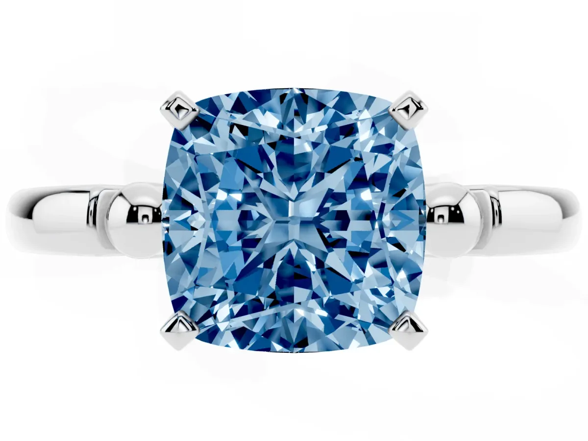 Fancy Blue Cushion Cut Solitaire Beaded Band with Four-Prong Setting White gold
