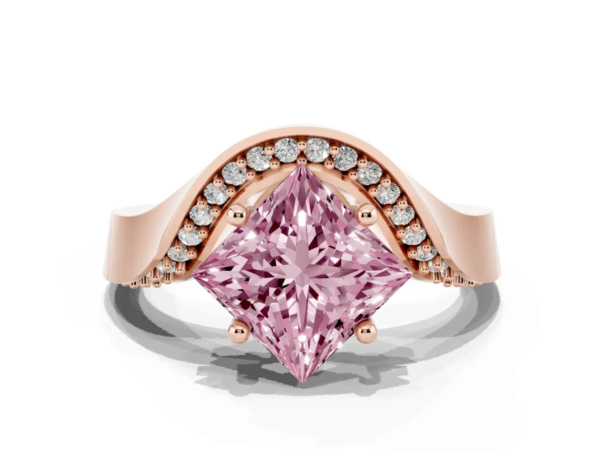 Fancy Pink Princess Cut Solitaire Diamond Engagement Ring with Pave Band and Four-Prong Setting Rose gold