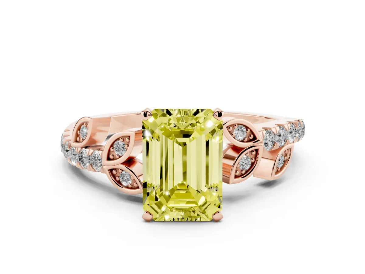 Fancy Yellow Emerald Cut Solitaire Leaf-Inspired Diamond Ring with Pavé Band and Four-Prong Setting Rose gold