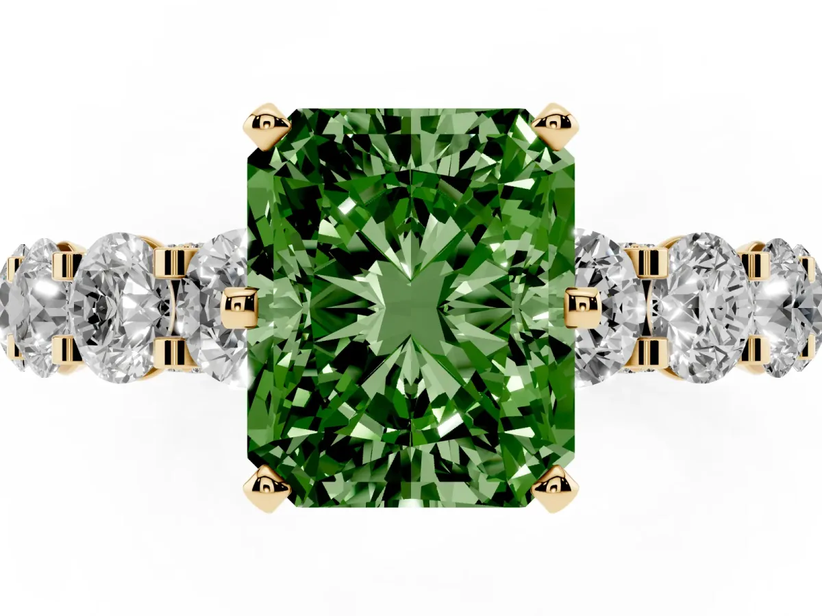 Fancy Green Radiant Cut Diamond Side Stone Engagement Ring with Four-Prong Setting Yellow gold
