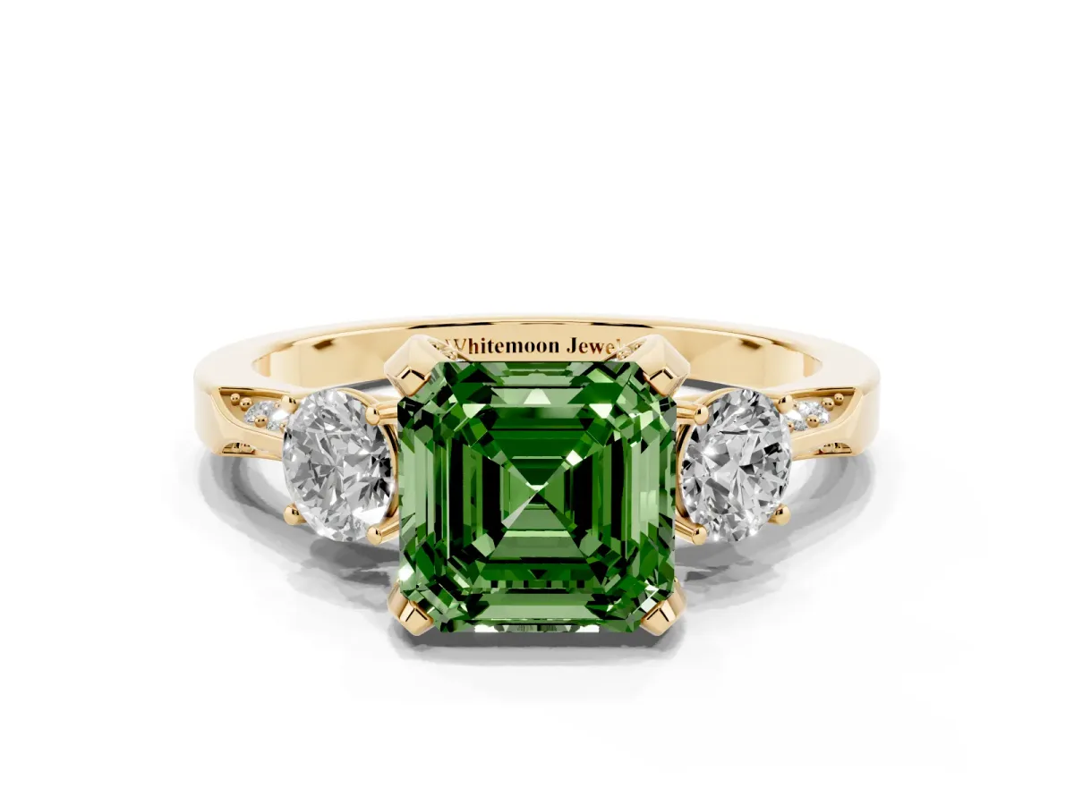 Fancy Green Asscher Cut Brilliant Three-Stone Diamond Ring with Pavé Band and Four-Prong Setting Yellow gold