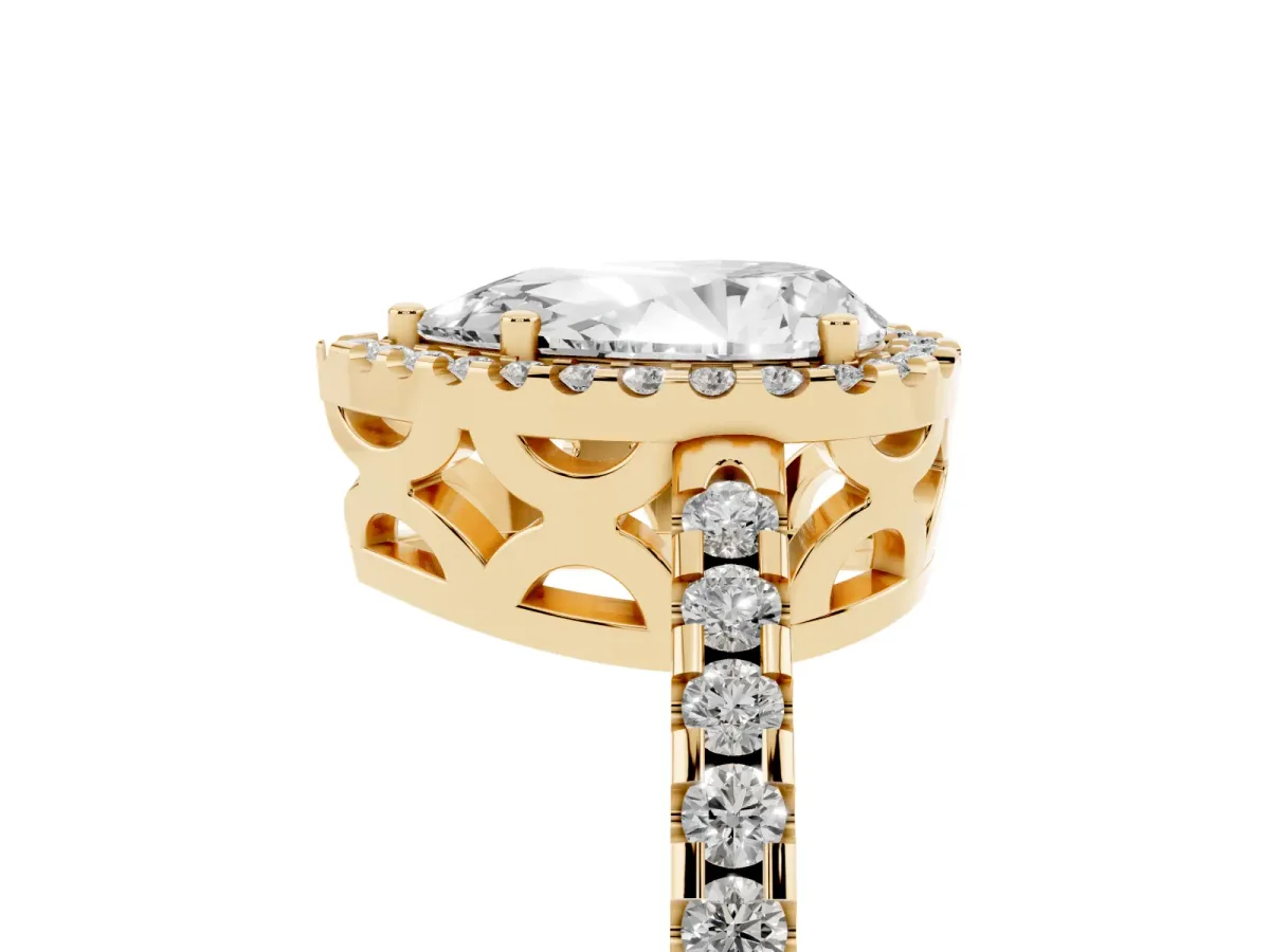 Pear Cut Diamond Halo Engagement Ring with Pavé Band and Prong Setting Yellow gold
